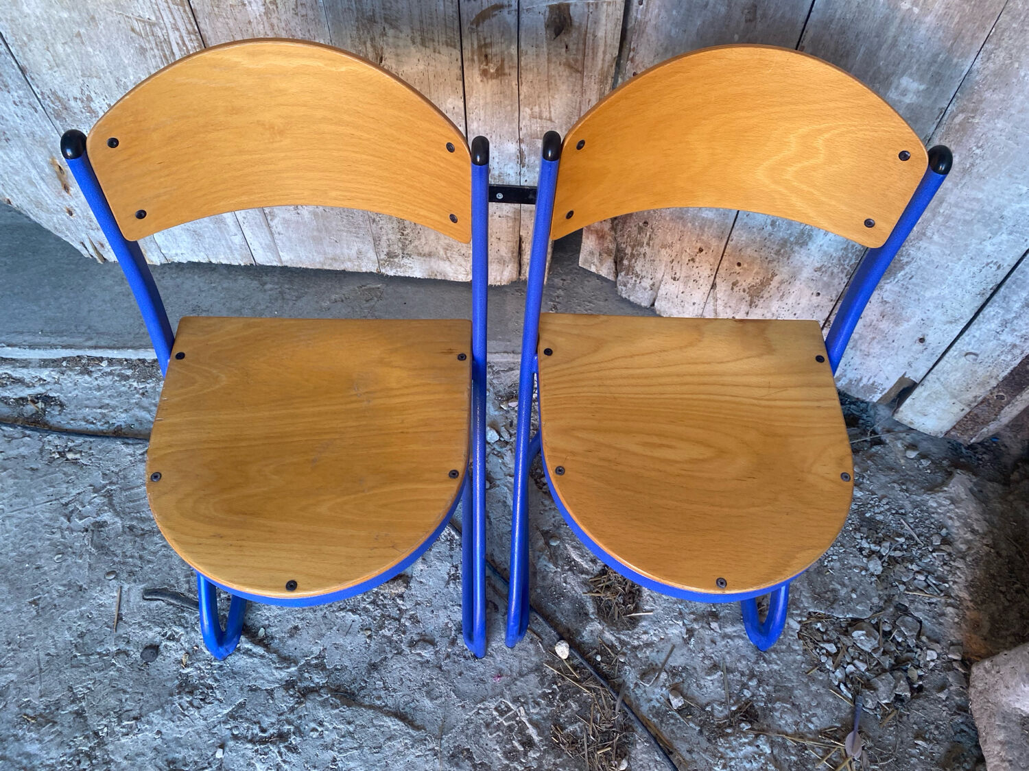 Pair of Chairs SOUVIGNET Model ELODIE Metal Blue & Wood Made in France