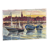 Painting Oil on canvas, Marine, Boat at anchor signature to identify
