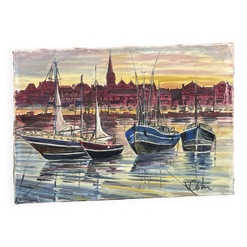 Painting Oil on canvas, Marine, Boat at anchor signature to identify