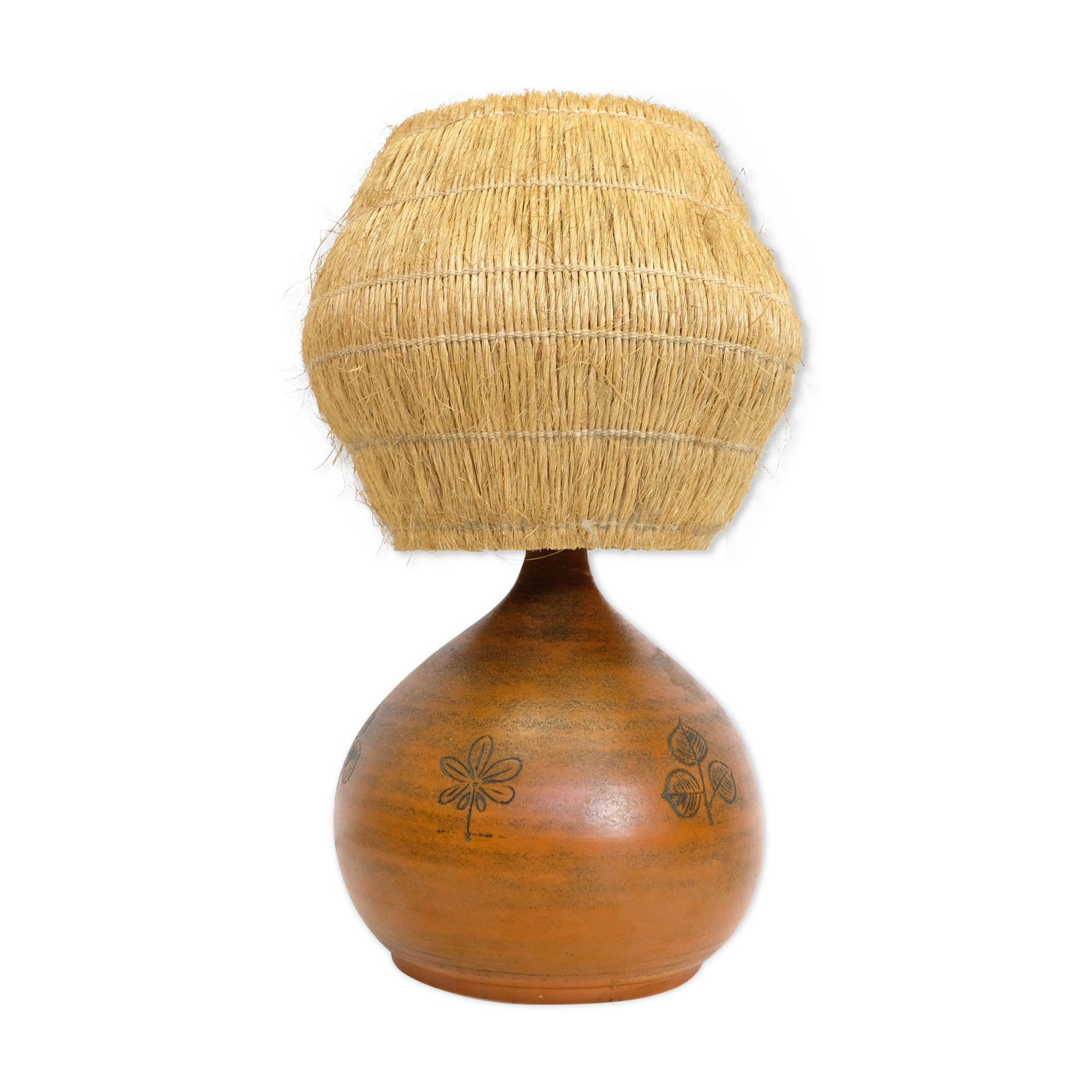 Lamp in enameled earthenware and straw lampshade by Jacques Blin