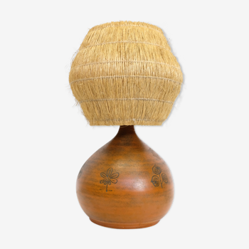 Lamp in enameled earthenware and straw lampshade by Jacques Blin