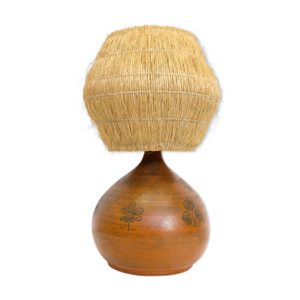 Lamp in enameled earthenware and straw lampshade by Jacques Blin