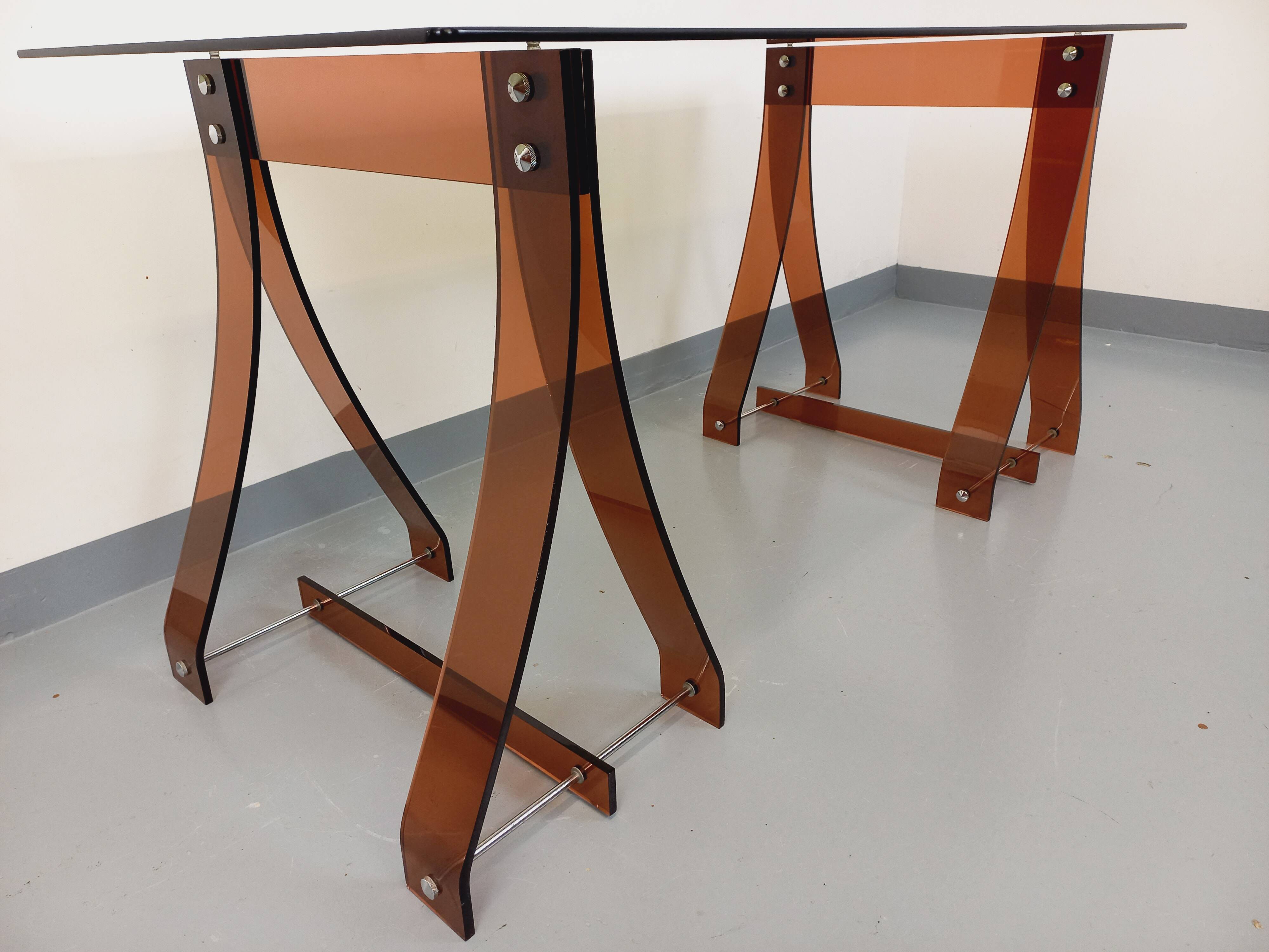 Vintage Marcello Gacita and Pierre Tiberi desk in smoked glass and plexiglass