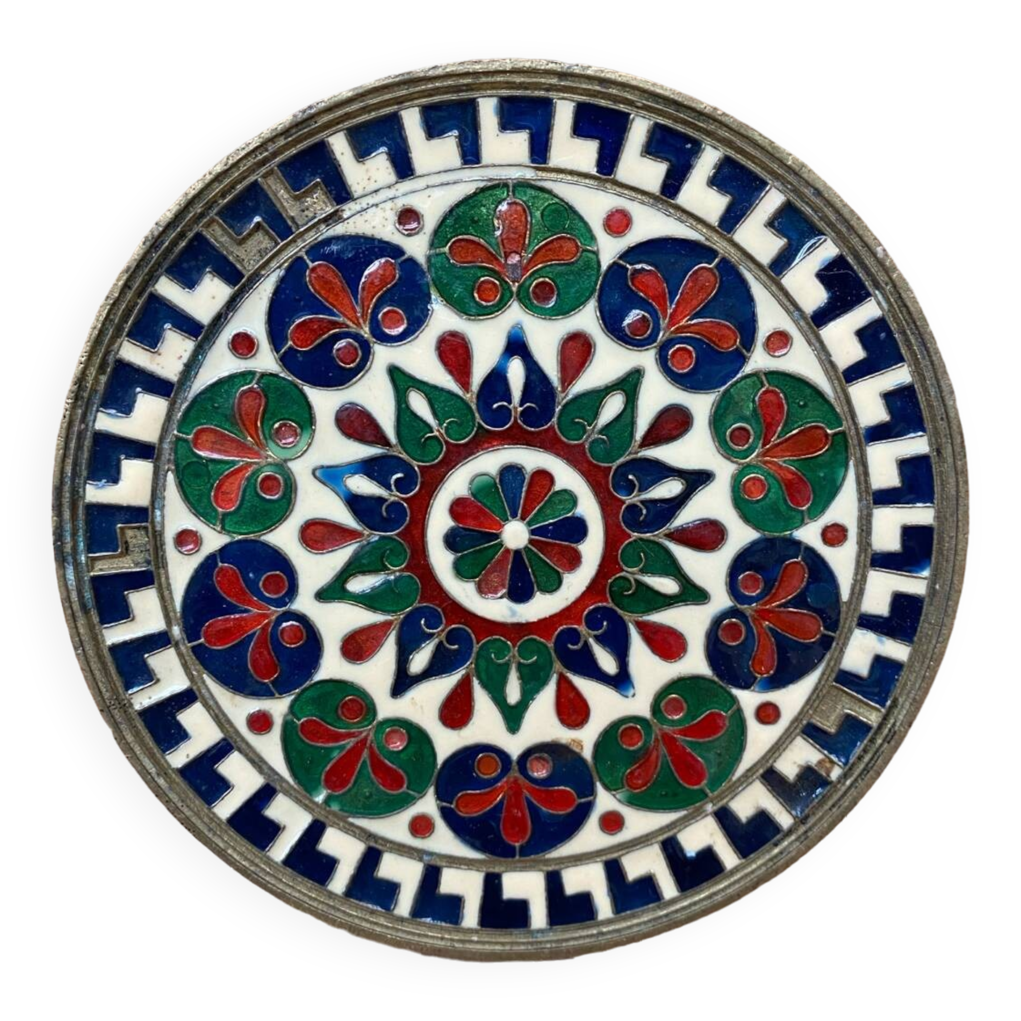Antique brass plate enameled decor mandala vintage #b161