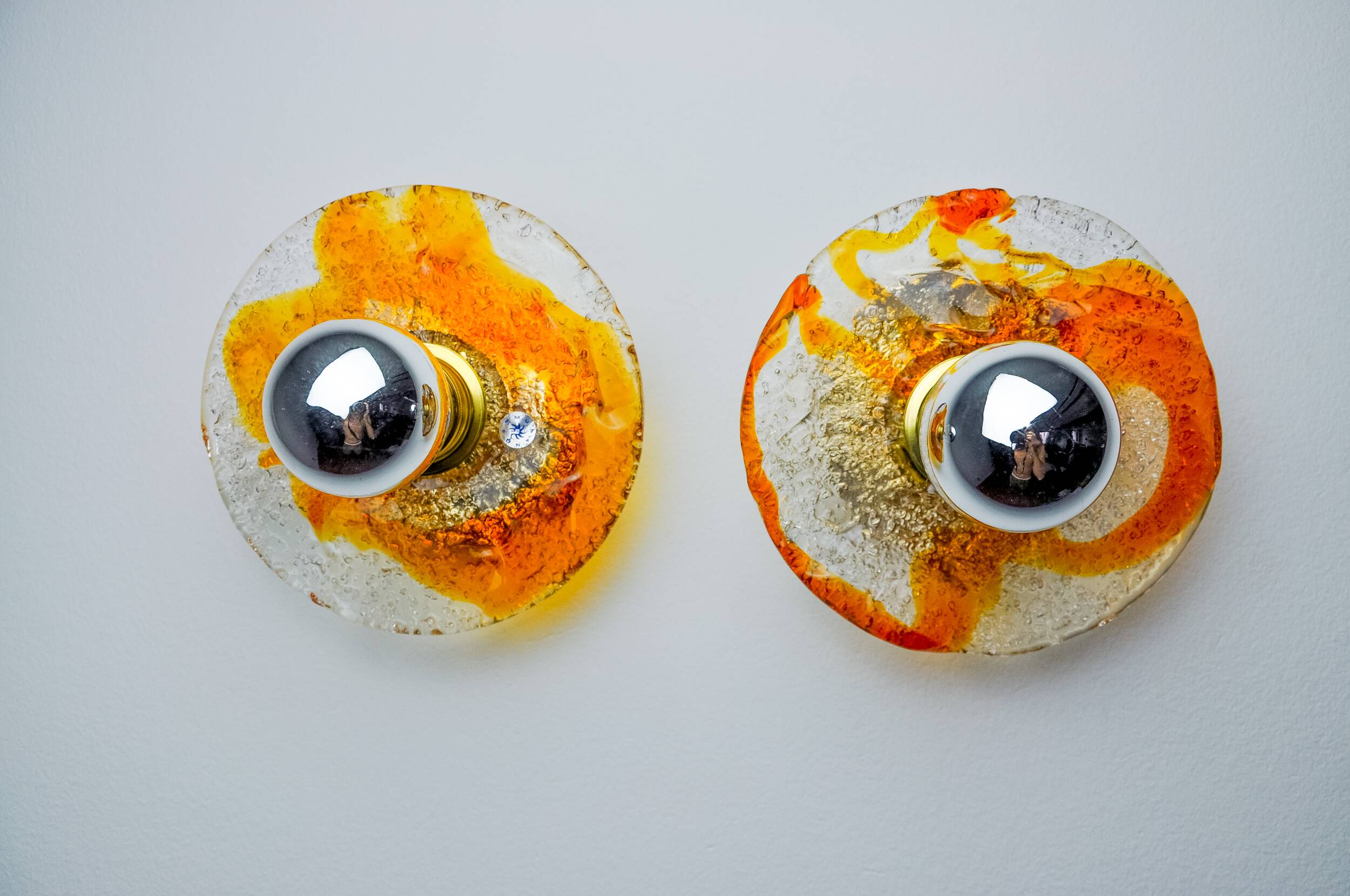 Pair of round wall lights by Murano Mazzega in orange frosted glass, Italy, 1970
