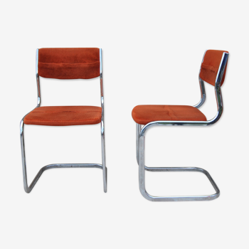 Pair of orange velvet chairs Roche Bobois 70s