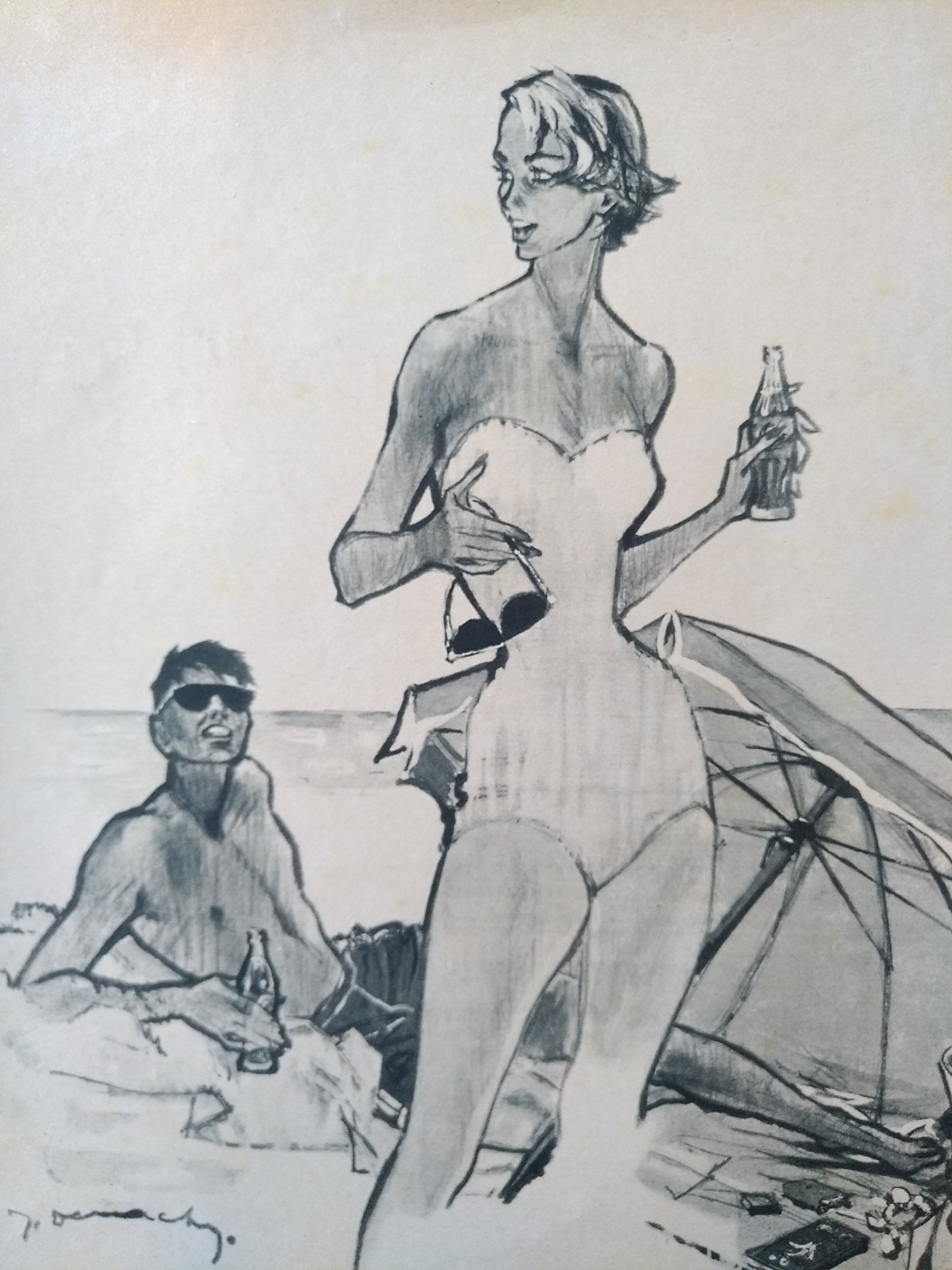 A Coca-Cola paper advertisement beach illustration from a period magazine