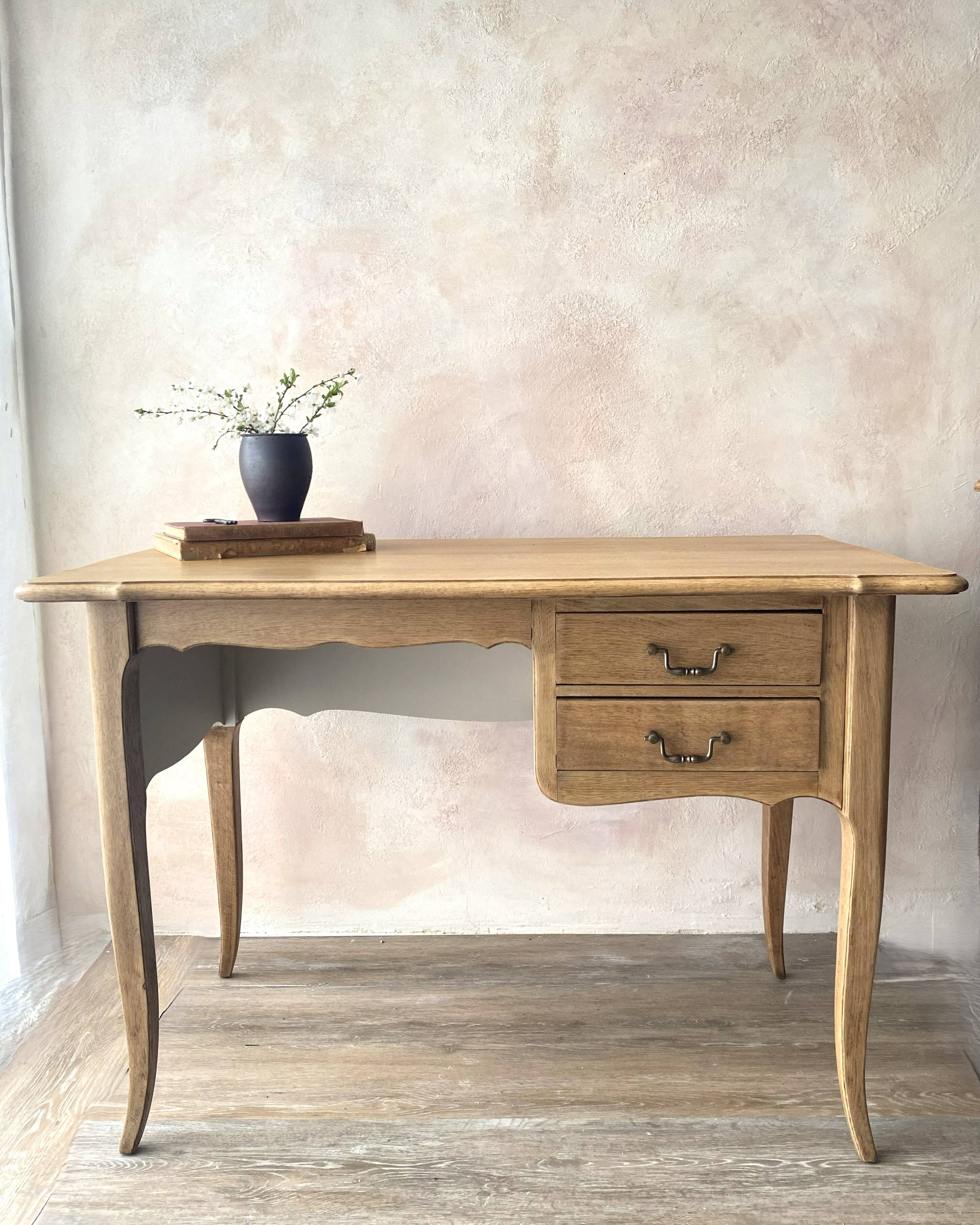 Antique 2-drawer desk in raw wood and beige, renovated.