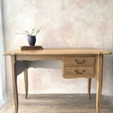 Antique 2-drawer desk in raw wood and beige, renovated.