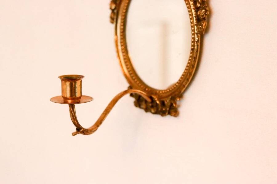 Pair of Swedish brass sconces with mirror