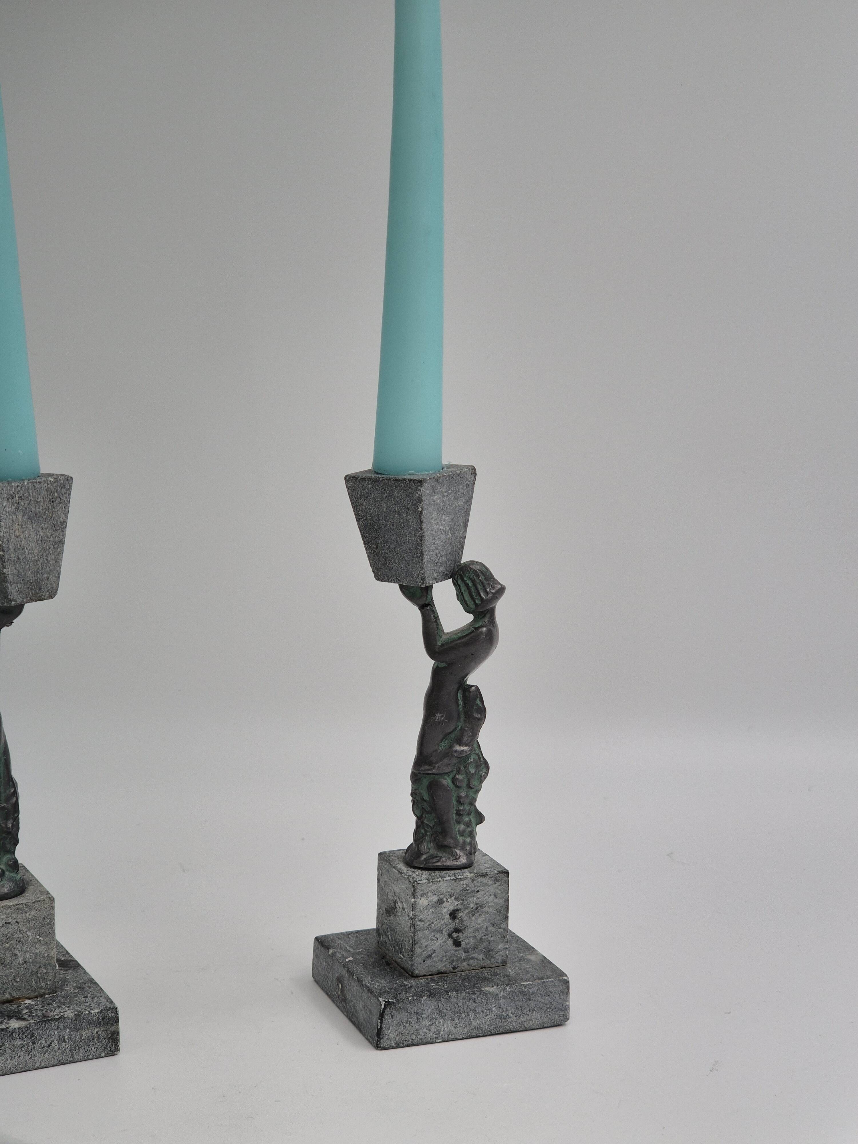 Rare decorative candlesticks in bronze and soapstone, Finland, Art Deco