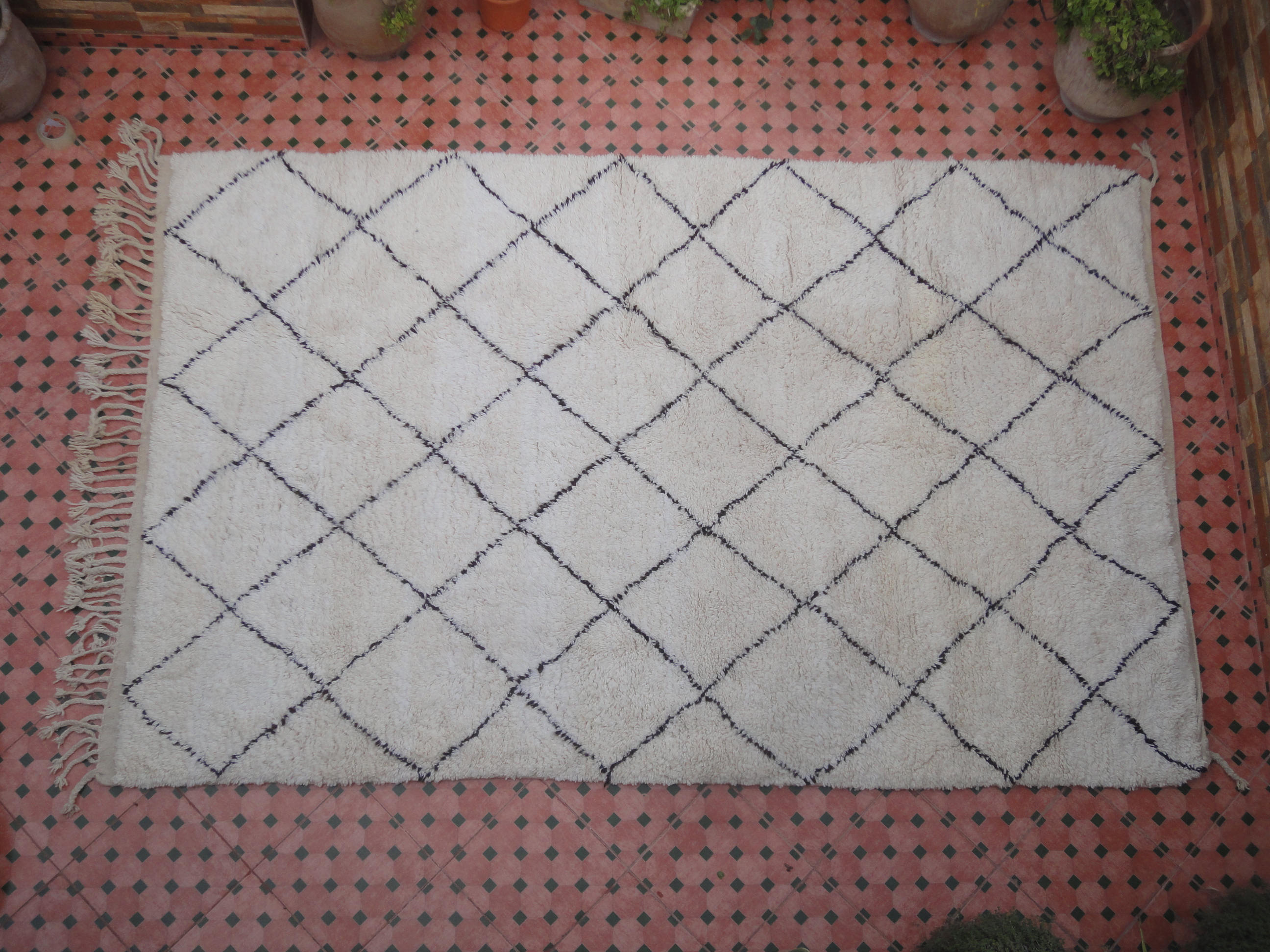 Moroccan beni ourain vintage berber carpet with dark brown diamond 313 x 200 cm