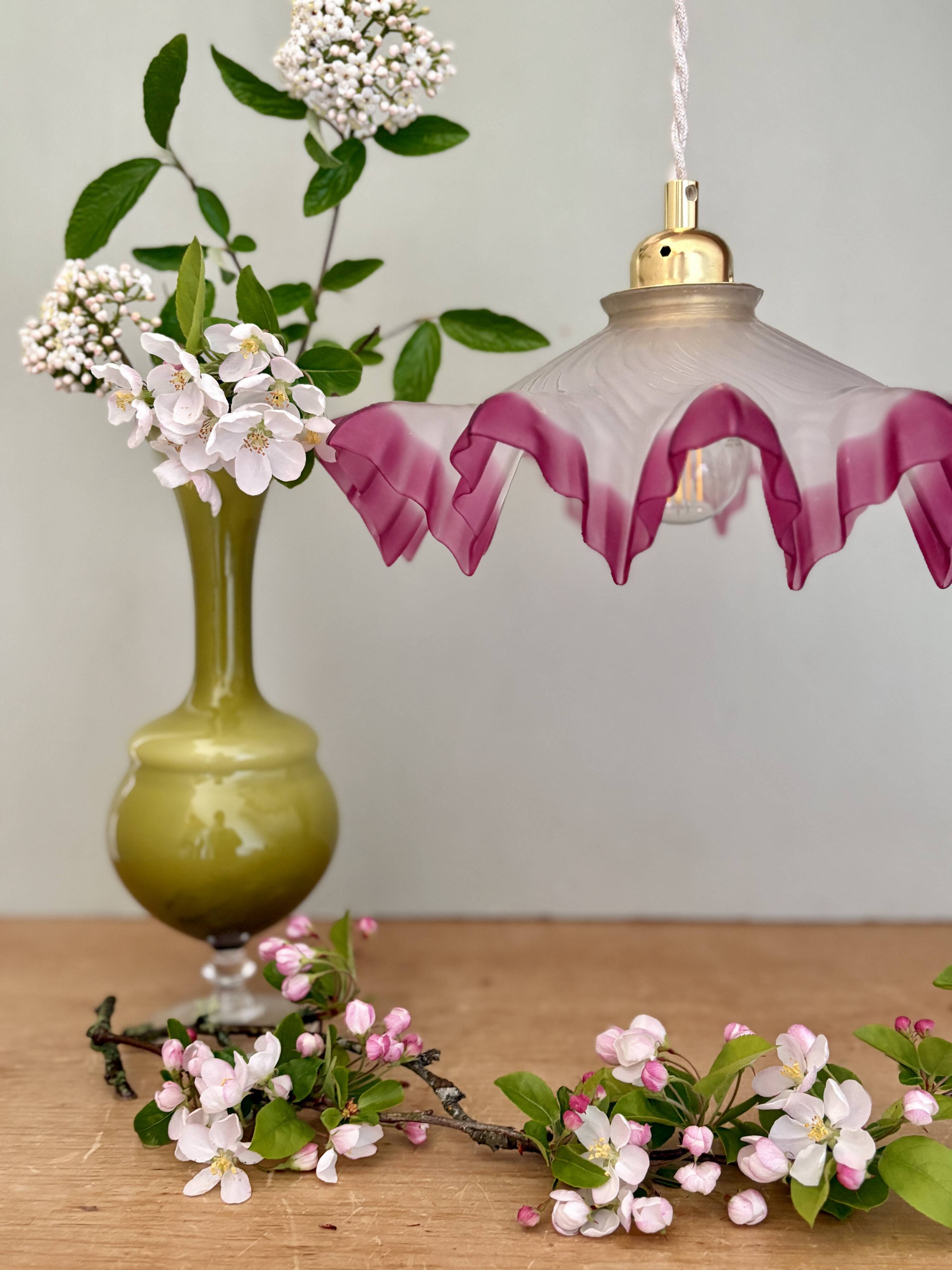 Vintage lace lampshade pendant light in pink frosted glass