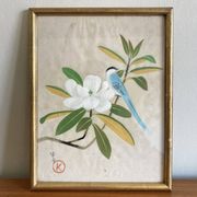 Small Japanese painting blue bird and flower vintage old watercolor