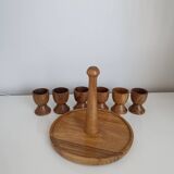 Set of 6 olive wood egg cups and tray