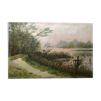 Tableau huile sur toile C. Guyon Campagne en hiver XIXeme