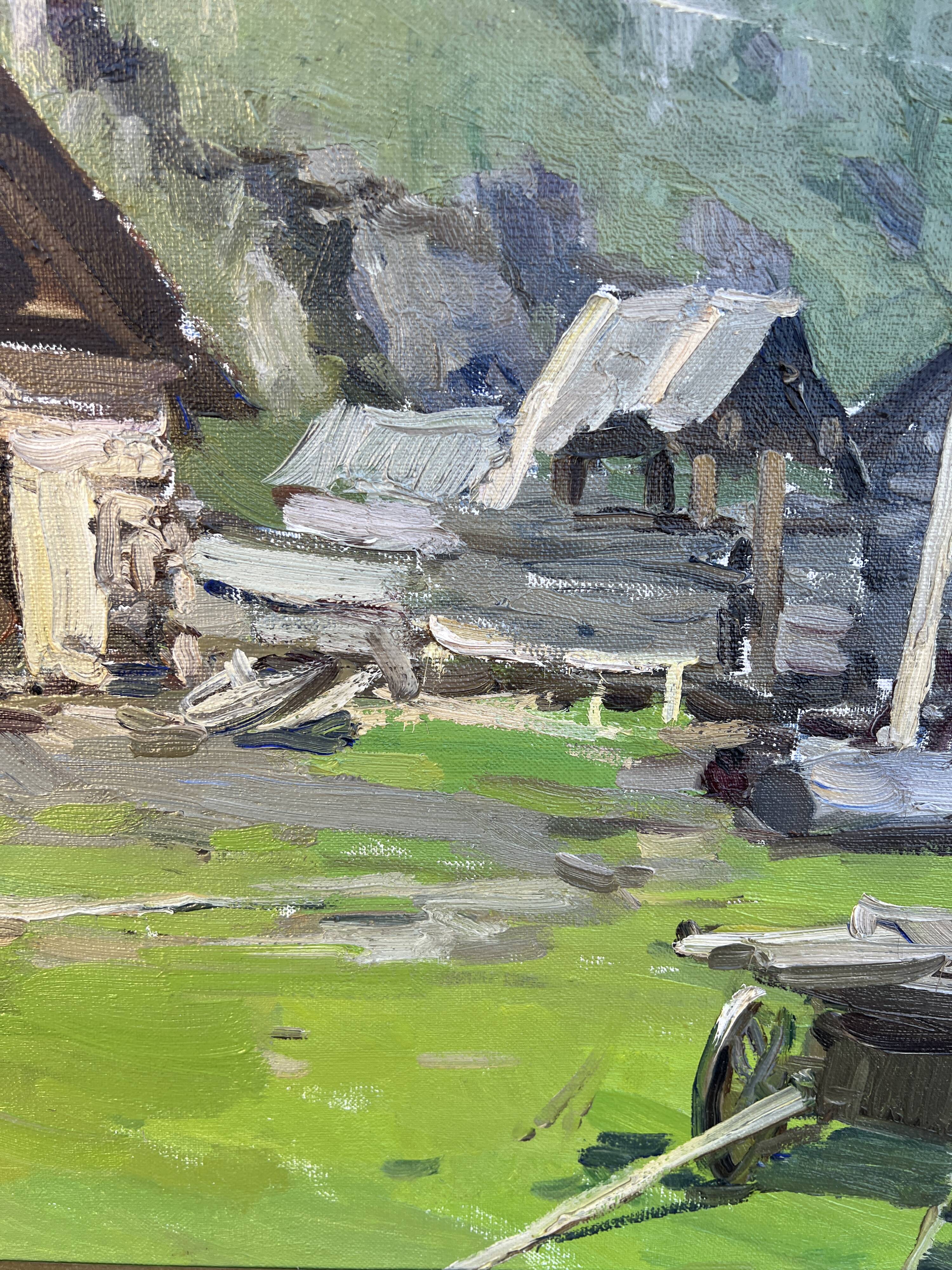 Oil-on-canvas painting The Blacksmith's Workshop 1956 signed by Fomine