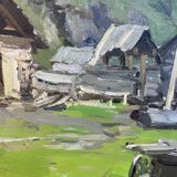 Oil-on-canvas painting The Blacksmith's Workshop 1956 signed by Fomine