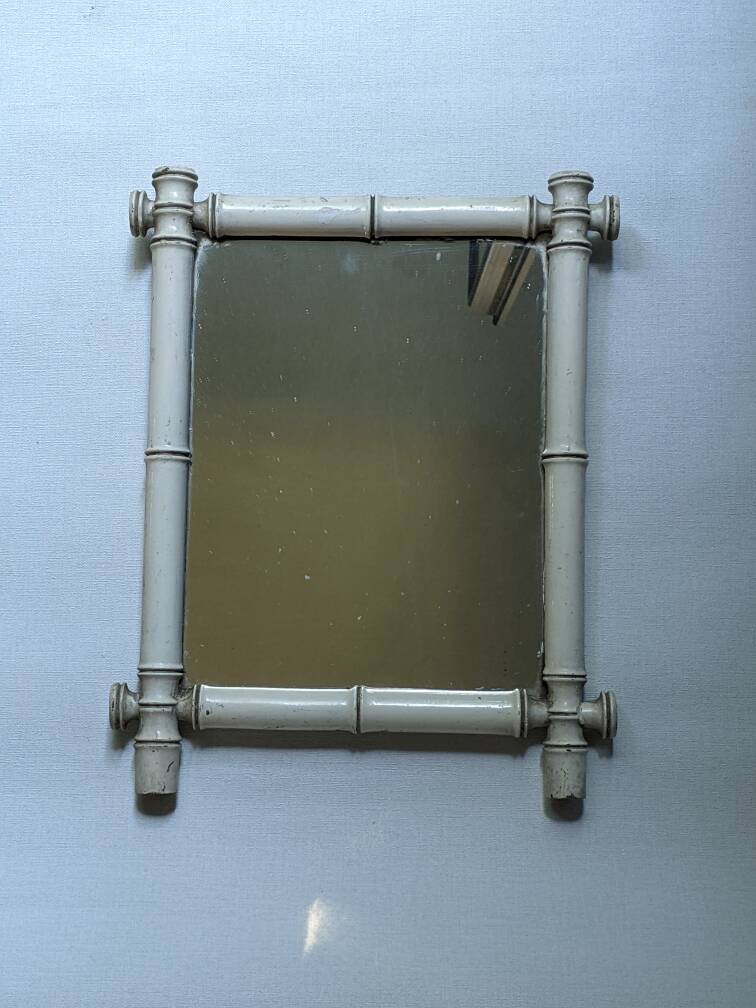 White painted bamboo mirror, vintage bohemian country decor, 50s