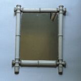 White painted bamboo mirror, vintage bohemian country decor, 50s