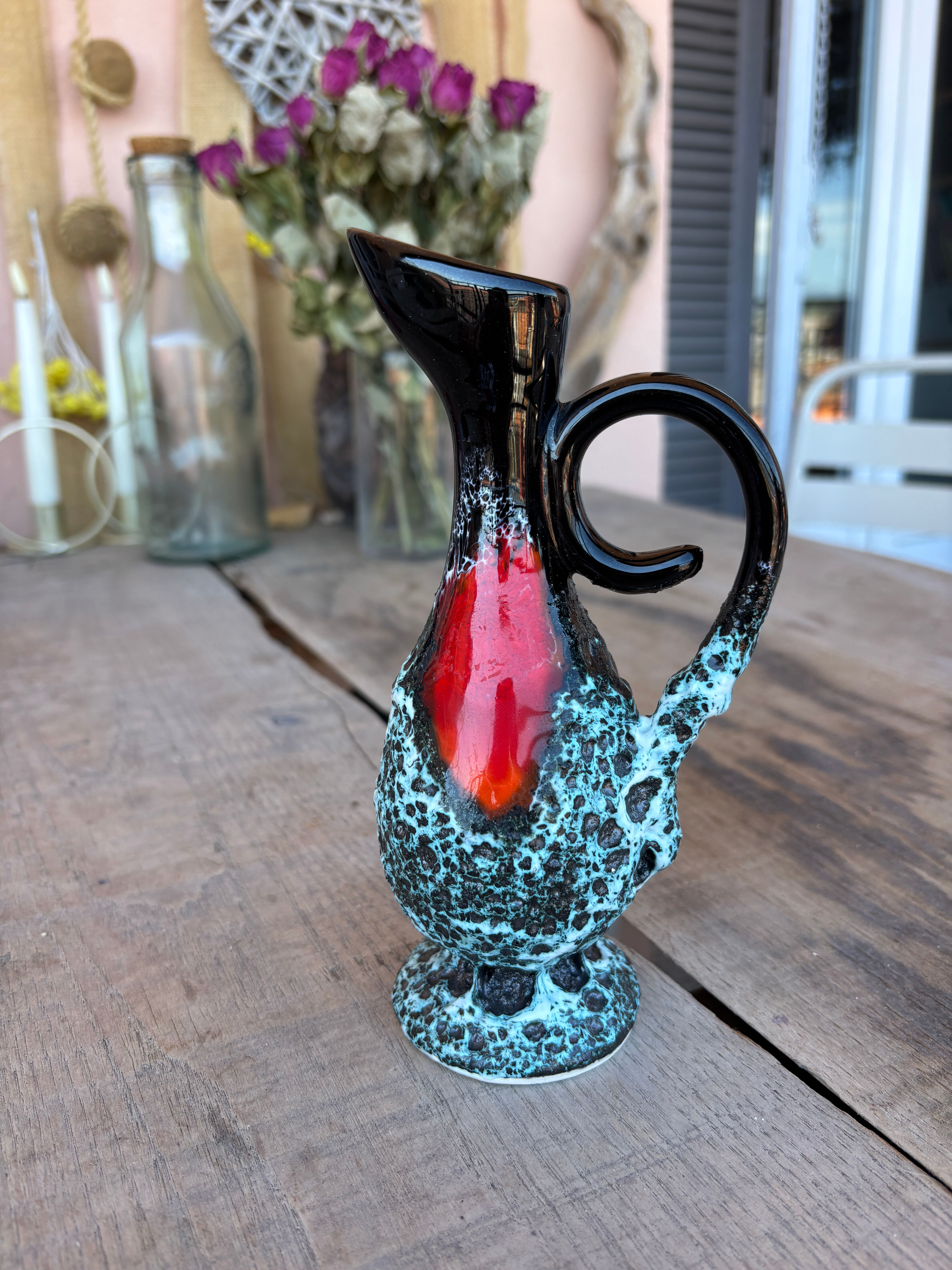 Vintage fat lava vase – turquoise red ceramic foam