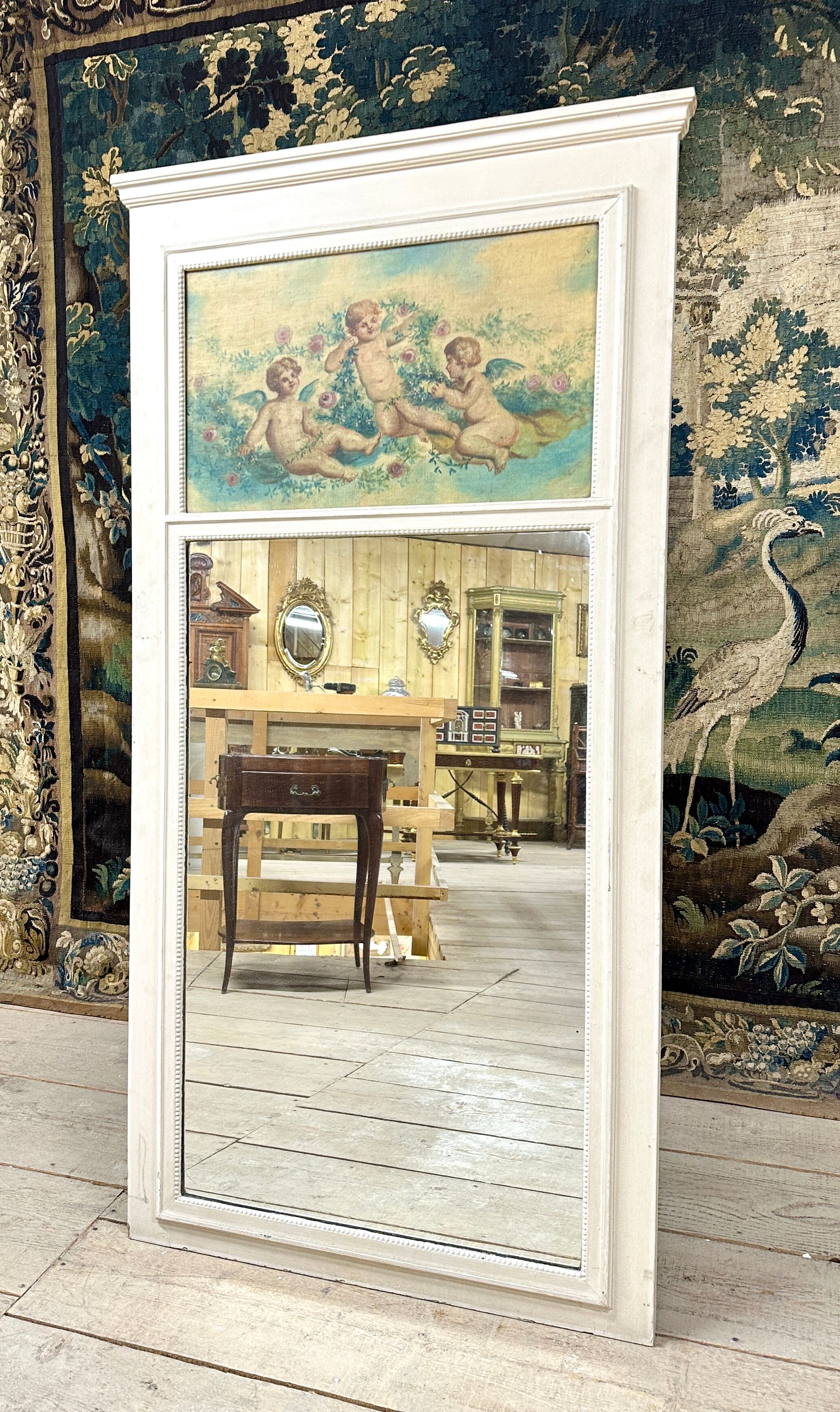 Fireplace Trumeau In White Lacquered Wood, Late 19th Century, Louis XVI Style