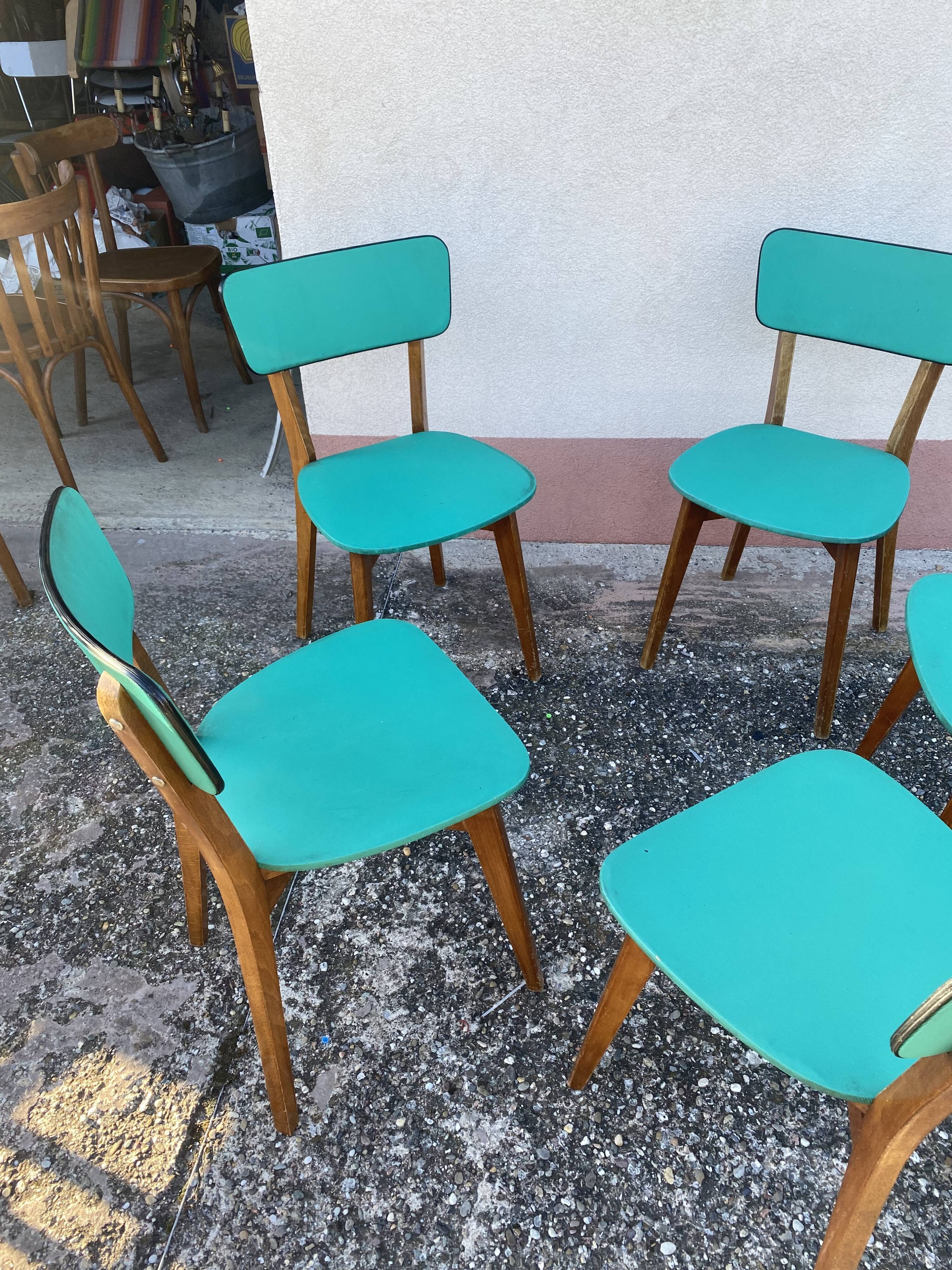 Chaises en skaï pied compas vintage bleu vert