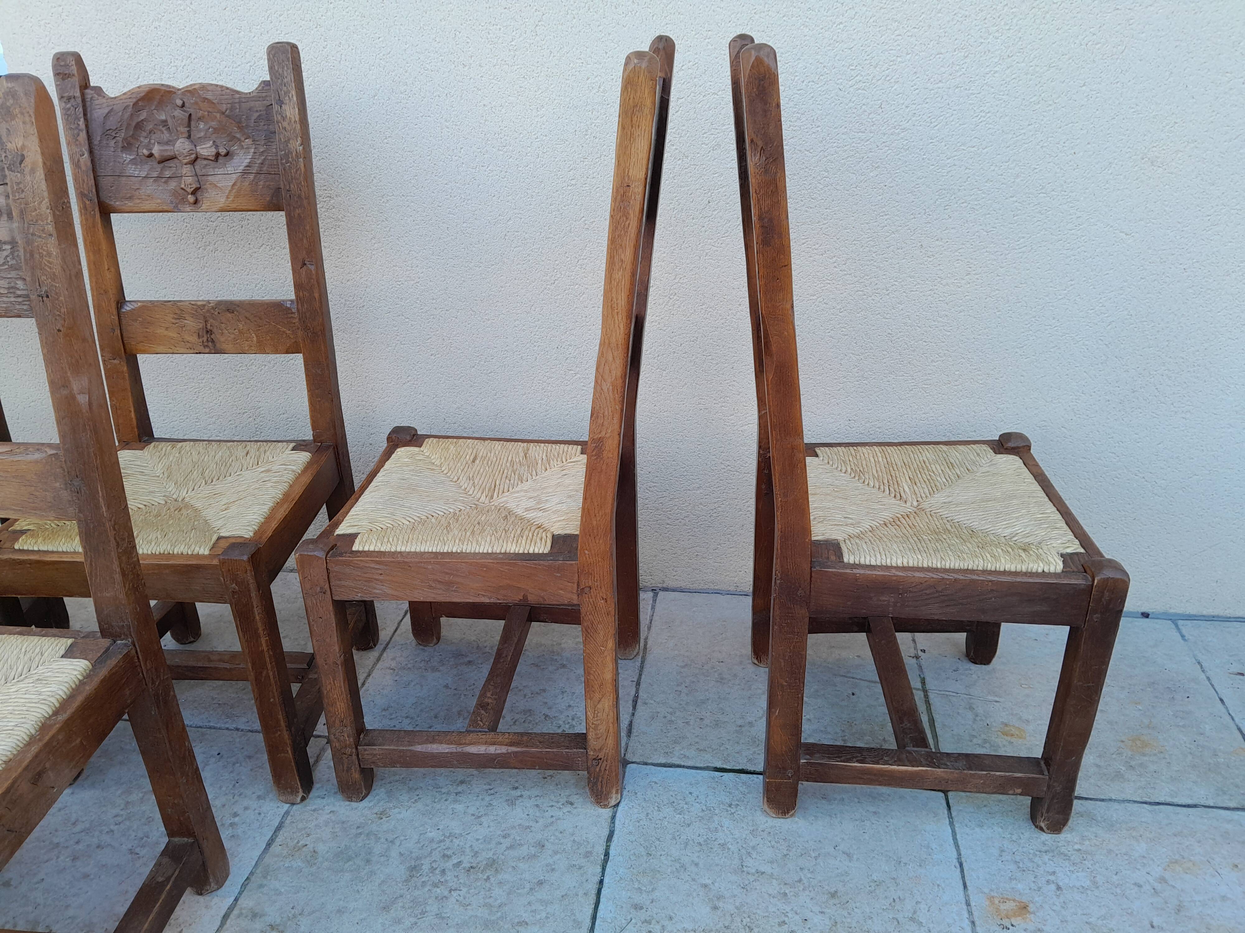 6 old oak chairs, brutalist wood, straw