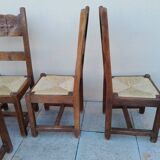 6 old oak chairs, brutalist wood, straw