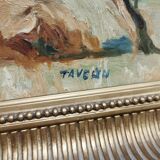 Tableau / Huile signée TAVEAU . Paysage champêtre , les collines . Cadre doré