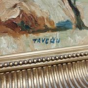 Painting / Oil signed TAVEAU. Countryside landscape, hills. Golden frame