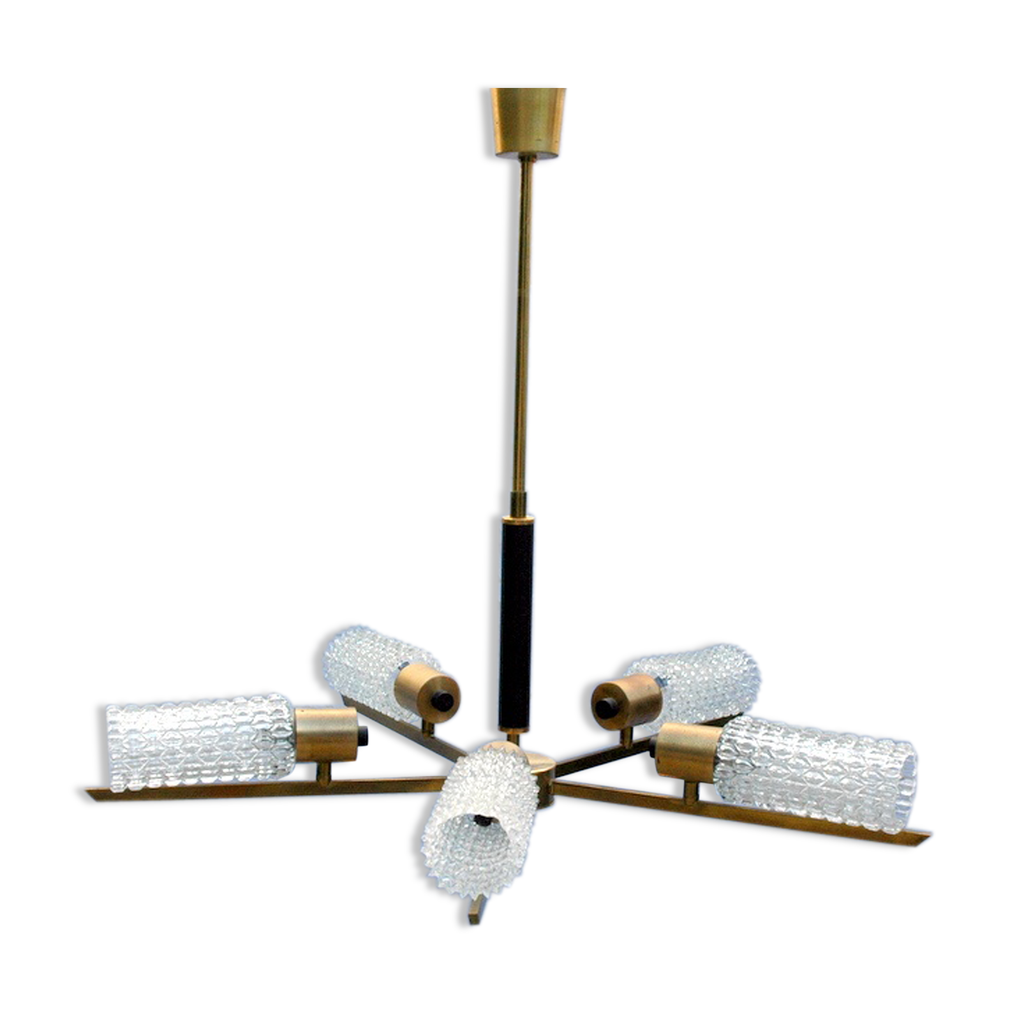 Vintage chandelier 5 lights, glass globes and golden metal mount