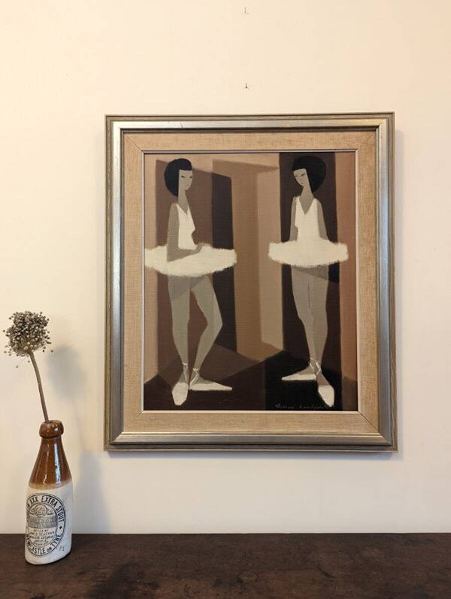 Mid-Century Modern Swedish "Modernist Ballerinas" Vintage Figurative Oil Painting by Fabian Lundqvis