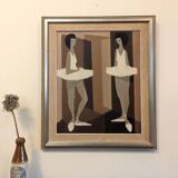 Mid-Century Modern Swedish "Modernist Ballerinas" Vintage Figurative Oil Painting by Fabian Lundqvis