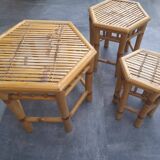 Ensemble de 3 tables gigognes vintage en bambou 70's