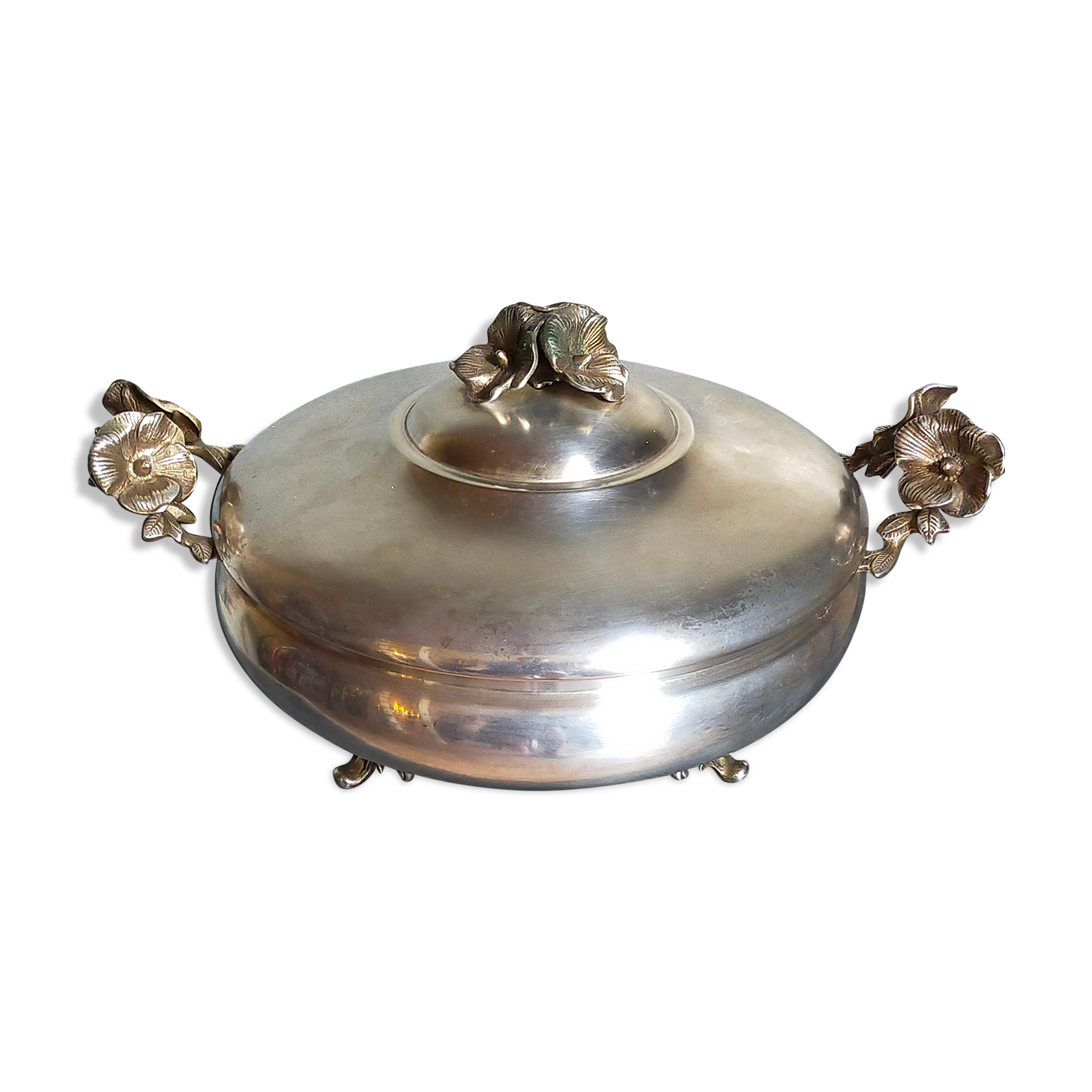 Alpaca silver metal serving dish with flowers