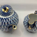 Service à thé russe en porcelaine Lomonosov en filet de Cobalt