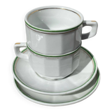 Pair of vintage Apilco style bistro cups in white and green ceramic