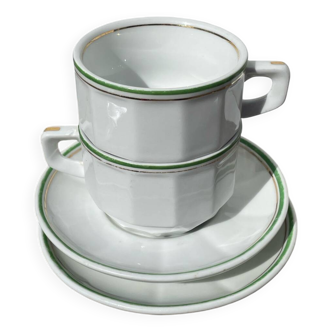 Pair of vintage Apilco style bistro cups in white and green ceramic