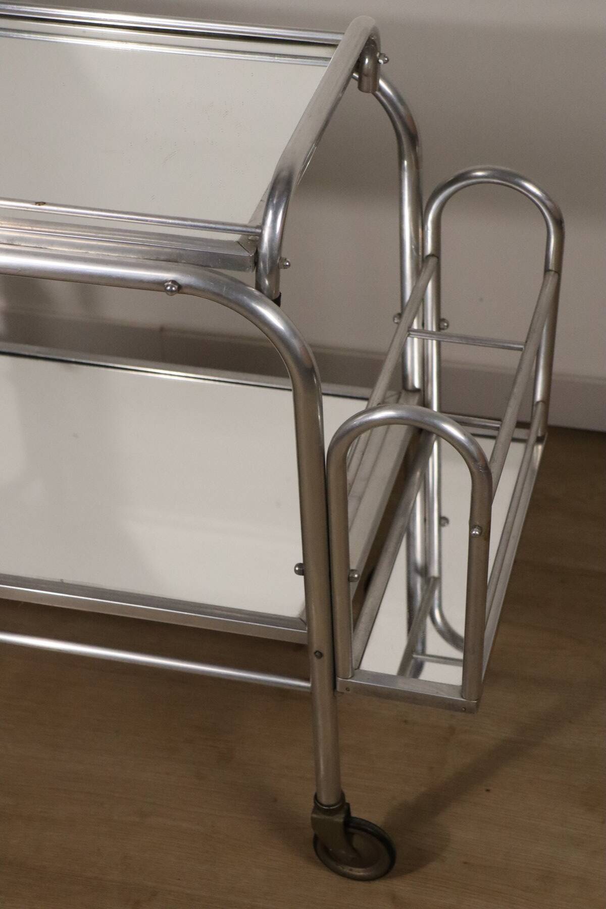 Desserte roulante vintage années 70 en métal chromé et verre miroir