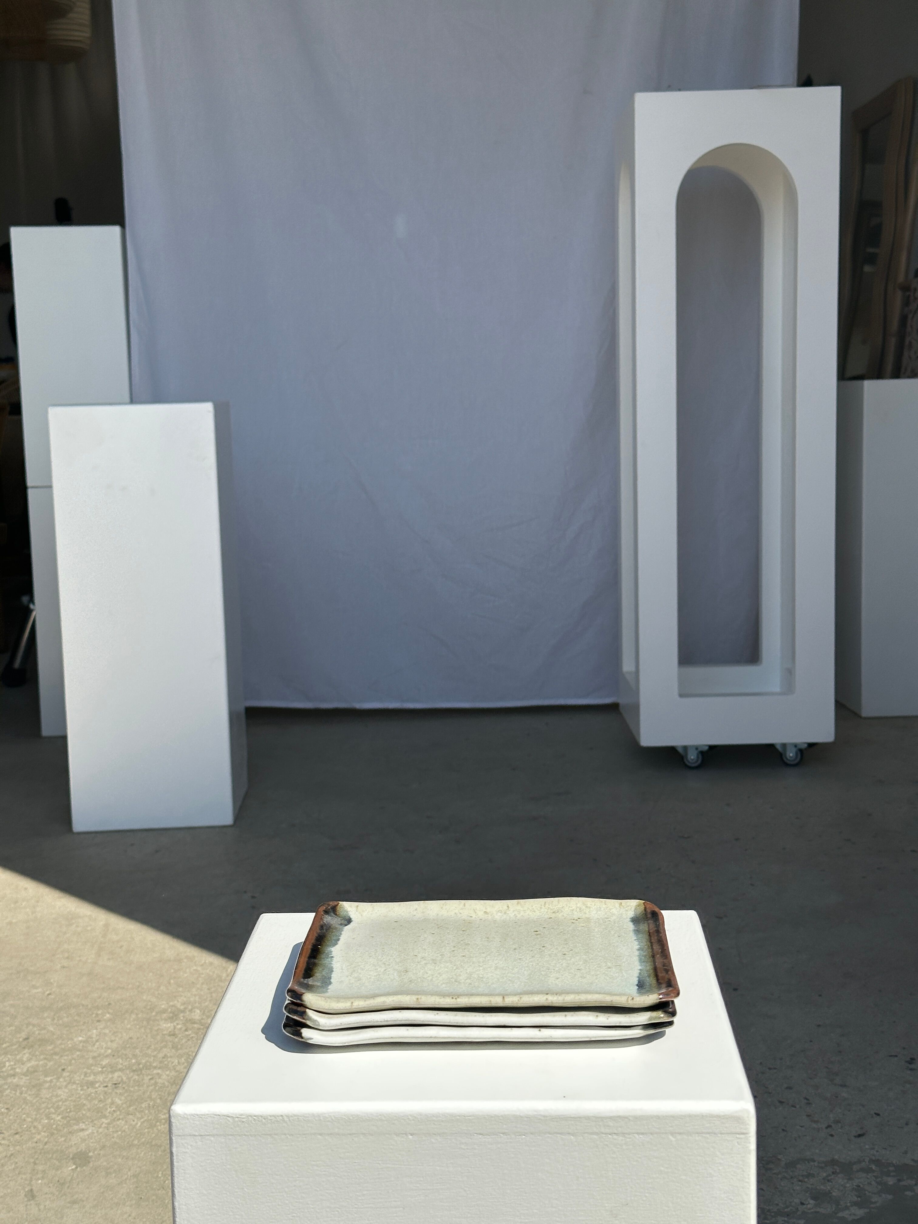 Trio of small rectangular serving dishes white and black Indonesian ceramic 21x16