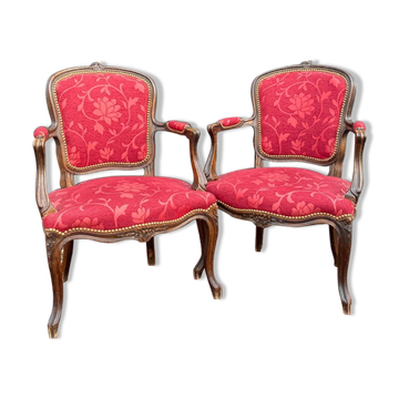 Pair of armchairs in natural wood style Louis XV XIXth century