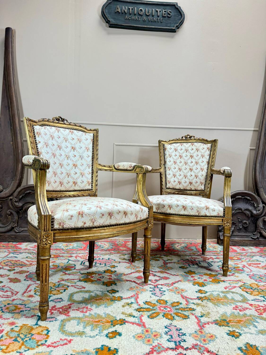 Pair of louis xvi style gilded wood armchairs, 19th century