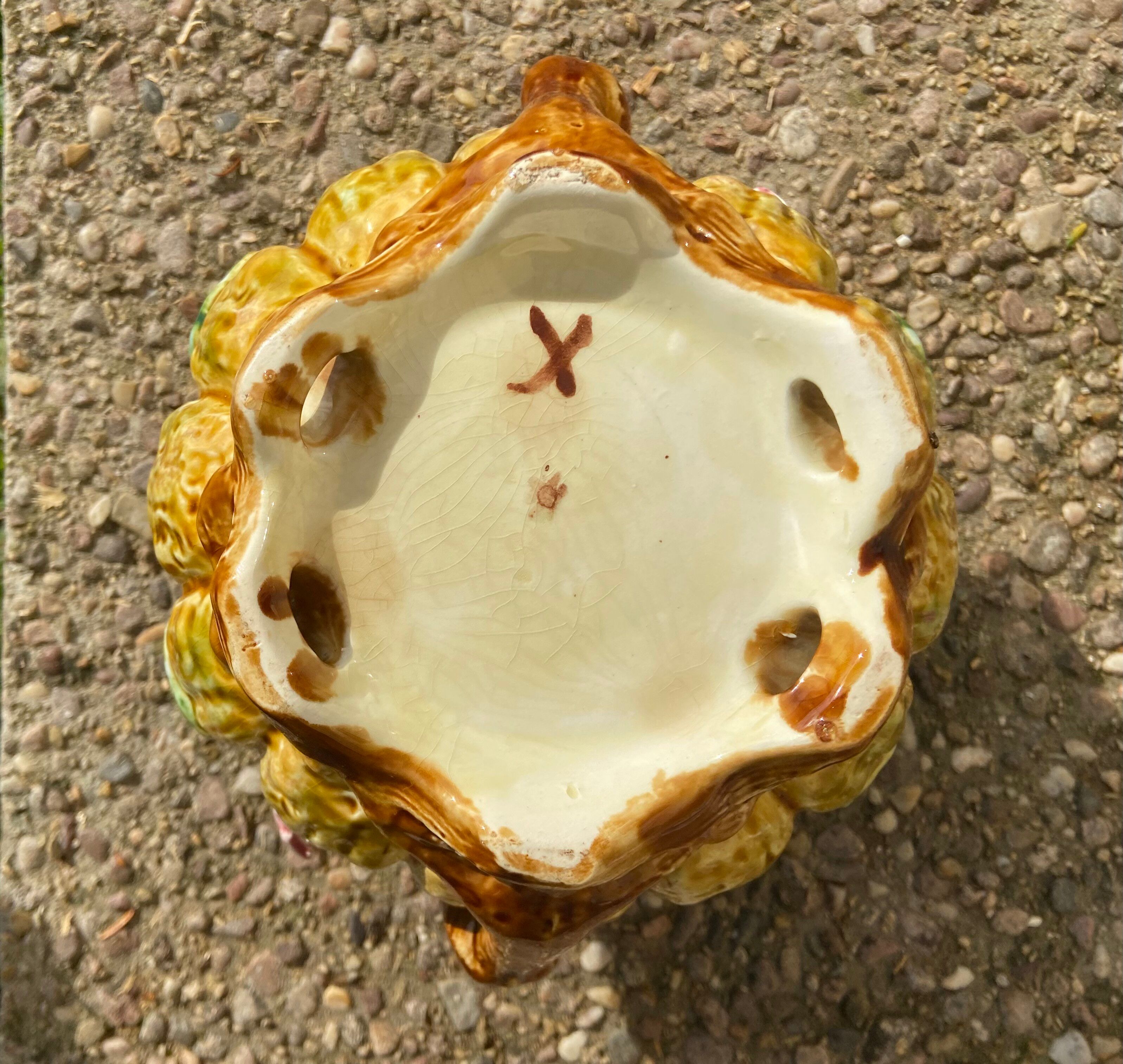 Antique cache-pot in majolica with floral decoration – Turquoise interior
