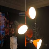 Vintage 4-spot pendant light / adjustable chandelier, chrome-plated & orange lacquered steel, Space Age design, 70s