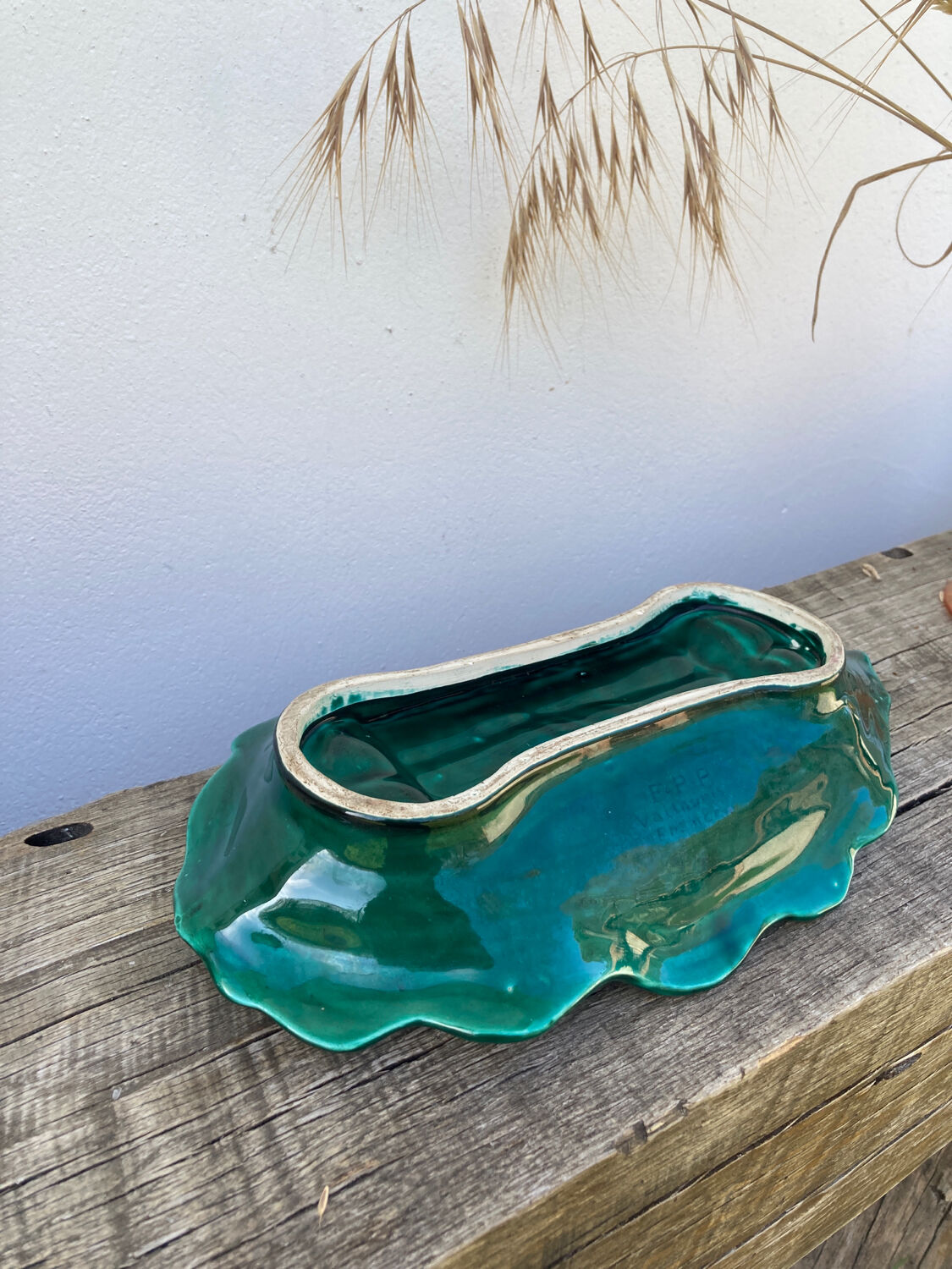 Vallauris dish in vintage asparagus green ceramic slip