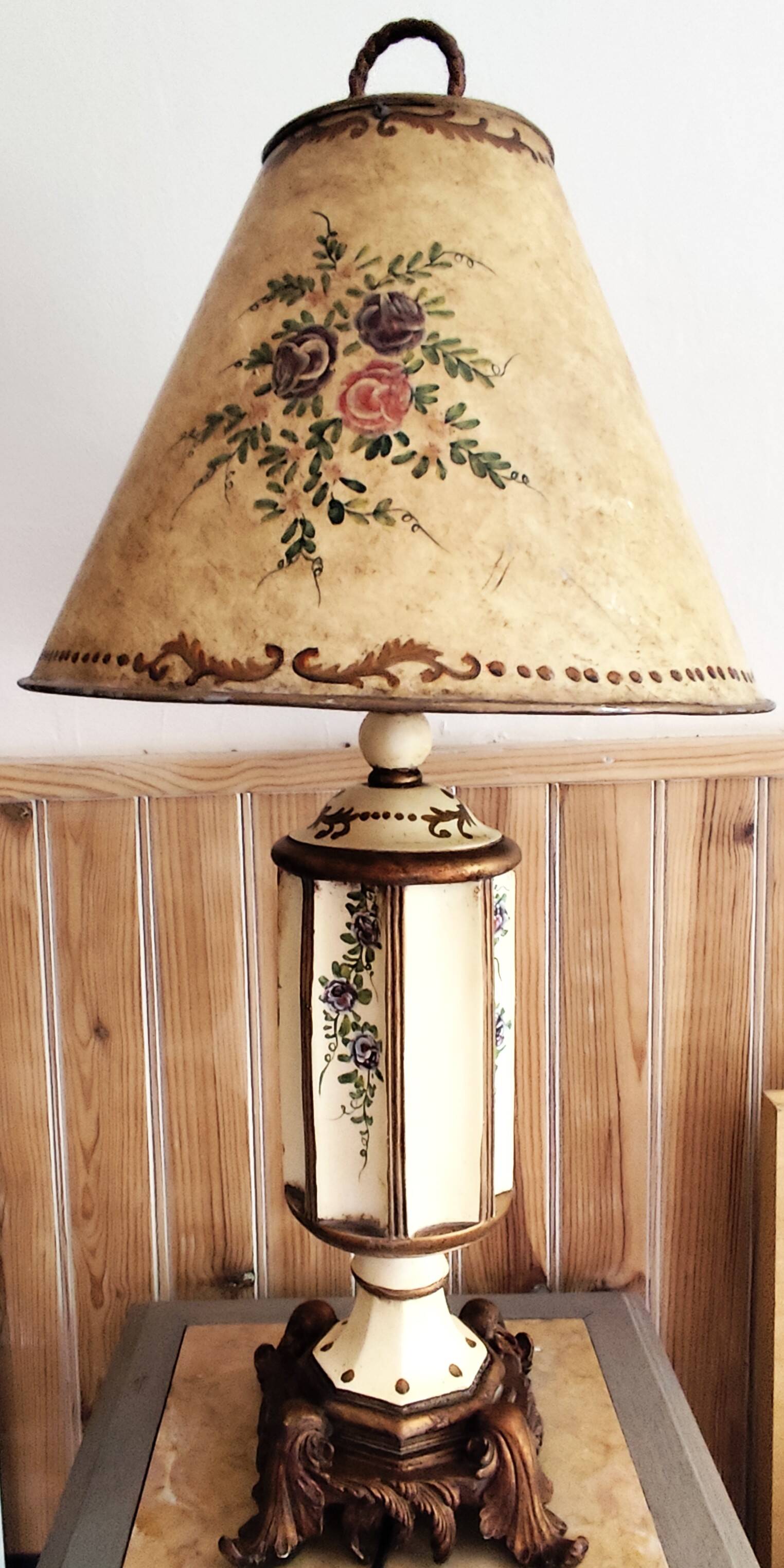Large pagoda lamp painted with floral patterns and metal shade.