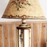 Large pagoda lamp painted with floral patterns and metal shade.