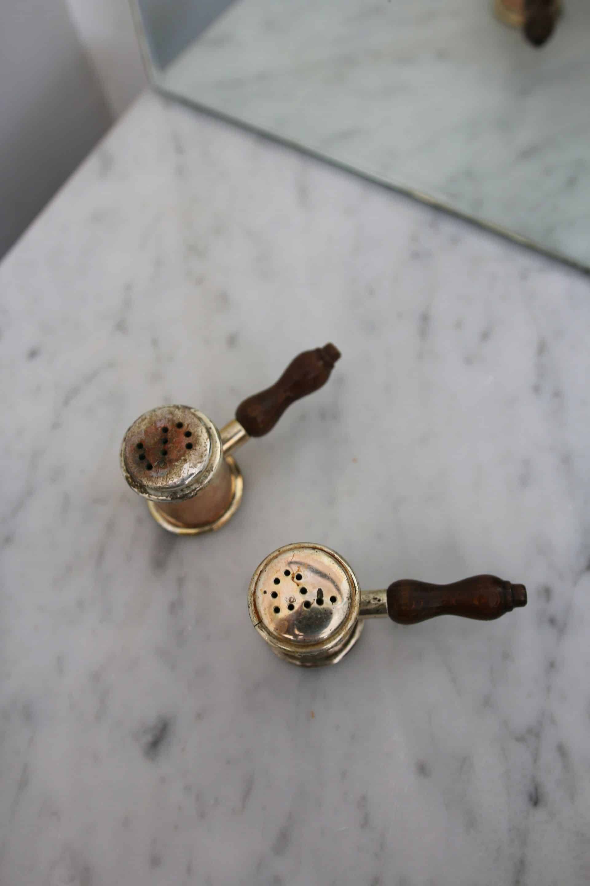 Antique brass salt and pepper shakers, Italy