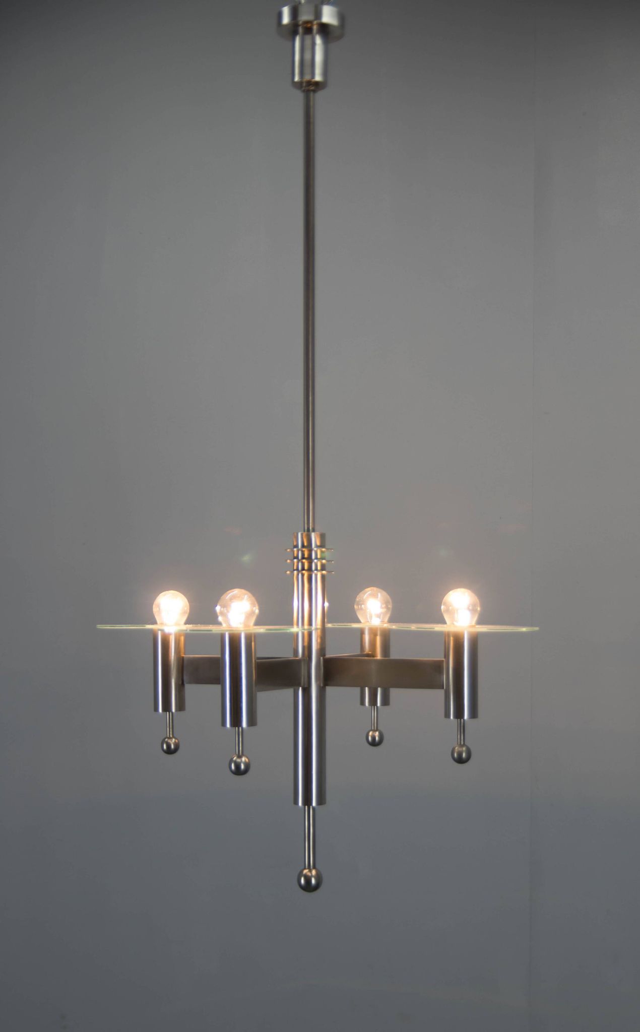 Machine Age Nickel-Plated 4-Flamming Chandelier, 1920s